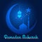 Ramadan Mubarak - moon star lantern and mosque on blue arabic pattern