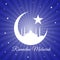 Ramadan mubarak - moon star and masjid on violet blue light vector background