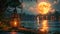 Ramadan Mubarak.Ramadan Kareem.Full moon rising over water with lantern in foreground in natural landscape
