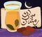 Ramadan Night with Arabic Tea, Dates and Scroll for Iftar, Vector Illustration