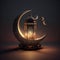A Ramadan post featuring a crescent moon and lights against a nighttime background. Generative Ai