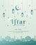 Ramadan poster for iftar invitation with crescent moon, lantern, stars, and landscape mosque. Flat Illustration. Islamic Poster. V