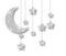 Ramadan silver decoration isolated on white background. Hanging Crescent Islamic glitter stars. Ramadan Kareem design