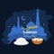 Ramadan Suhoor Foods and Brushed Mosque Vector Illustration