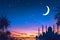 Ramadan twilight Silhouette mosque domes, crescent moon, stars background