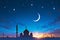 Ramadan twilight Silhouette mosque domes, crescent moon, stars background