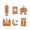 Ramadhan icon set in gold yellow color style with lantern lamp, al quran book, ketupat, mosque, prayer mat, and crescent moon