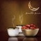 Ramadhan Kareem. Iftar party celebration with traditional coffee cup and bowl of dates