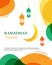 Ramadhan Kareem Islamic design greeting card template with hanging lanterns, cresent moon and colorful abstract background design.