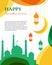 Ramadhan Kareem Islamic design greeting card template with hanging lanterns, cresent moon, mosque and colorful abstract background