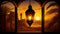 Ramadhan Kareem: A View of the Arab City Through Sunset Windows with Classic Lantern. Created with generative AI technology.