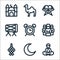 Ramadhan line icons. linear set. quality vector line set such as reading, islam, ketupat, shalat, alarm, bedug, quran, camel