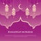 ramadhan mubarak greeting with gradient peach pink lantern and purple color background decoration