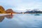 Ramberg beach in Lofoten island in Norway during the midnight sun and golden hour.