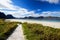 Ramberg beach or Rambergstranda in sunny blue sky day on Flakstadoya island, Lofoten archipelago islands, Nordland county, Norway