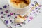 Ramekin with creme brulee and spoon in the middle