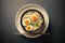 Ramen in a bowl top view. Ramen soup with egg and green onions. AI generated image