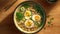 Ramen in a bowl top view. Ramen soup with egg and green onions. Generative AI
