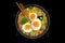 Ramen in a bowl top view. Ramen soup with egg and green onions. Generative AI