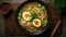 Ramen in a bowl top view. Ramen soup with egg and green onions. Generative AI