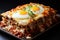 Ramen lasagna food with fried eggs. Generate Ai