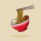 Ramen Noodle Bowl egg and meat with chopstick vector cartoon