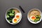 Ramen noodles with shrimp, broccoli, spinach and boiled egg, generative ai. Delicious asian style lunch