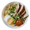 Ramen noodles soup with chicken, eggs, carrots, onions in a golden miso broth. A hot, hearty Japanese dish. Photo