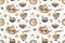 Ramen soup hand drawn seamless pattern. Traditional japanese dish with noodles in bowls vector flat illustration