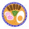 Ramen soup with meat, egg, narutomaki, noodles. Cute colorful simple hand drawn doodle. Asian food drawing. Plate top