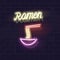 Ramen typography with icon. Traditional japanese soup with chopsticks. Glowing vector isolated illustration for any dark
