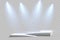 The ramp of the podium, pedestal or platform is illuminated by spotlights on a gray background. Scene with picturesque