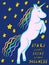 Rampant unicorn cartoon on a starry background with hand written inspirational quote Stars can`t shine without darkness