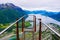 Rampestreken viewpoint. Panoramic nobody landscape to Romsdalen Valley and Andalsnes city in Norway