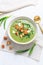 Ramson or bear leek soup with crouton and sour cream