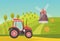 Ranch agricultural summer green fields with modern farm tractor, countryside agronomy