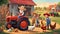 Ranch farm yard cartoon children feed chickens