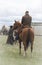 Ranch horses with riders in pasture