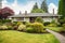 ranch house exterior with lush lawn, flowerbeds and welcoming front porch