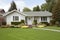 ranch house exterior with lush lawn, flowerbeds and welcoming front porch