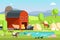 Ranch house, farm building and agricultural animals in rural landscape. Eco farm vector flat background