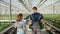 Rancher man talking with agronomist woman working in hydroponics greenhouse