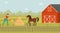 Rancher working in farmyard vector illustration. Young farmer feeding horse with hay cartoon character. Livestock