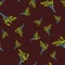 Random abstract contrast seamless pattern with yellow leaf branches shapes. Dark maroon background