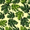 Random bright botanic seamless monstera pattern. Exotic green leafs on light yellow background