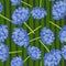Random bright flora seamless pattern with doodle blue random lotus ornament. Green striped background