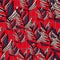 Random bright floral seamless pattern with branches. Red chequered background with navy blue and grey leaves