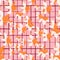 Random bright orange hawaii flower silhouettes seamless pattern in doodle style. Pink chequered background