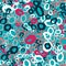 Random bright seamless pattern with rings silhouettes. Pink, white and navy blue colored circle shapes on blue background