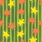 Random cartoon kids seamless star pattern. Space ornament in yellow and pink colors on green striped background